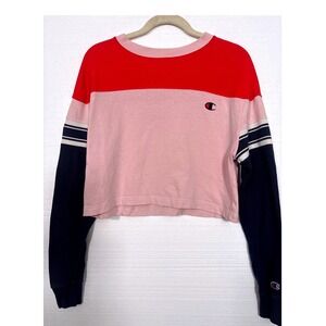 Champion Women's Cropped Colorblock Long Sleeve Tee Pink Red Navy XS